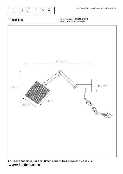 Lucide TAMPA - Wandleuchte - 1xE27 - Schwarz - TECHNISCH